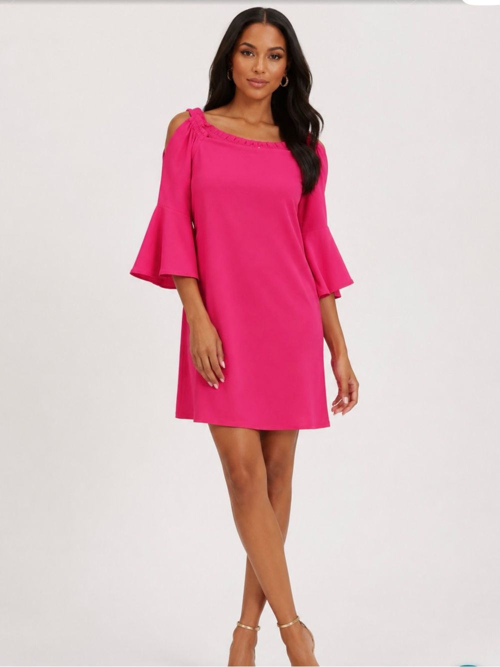 TRINA TURK Cold-Shoulder Ruffle Neck A-Line Dress in Bright Pink